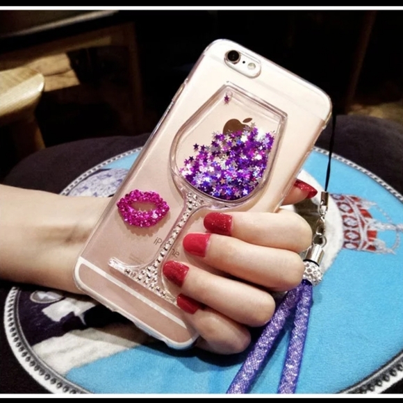 Apple Accessories - Apple Glitter Wine Glass Phone Case with Purple Star Confetti